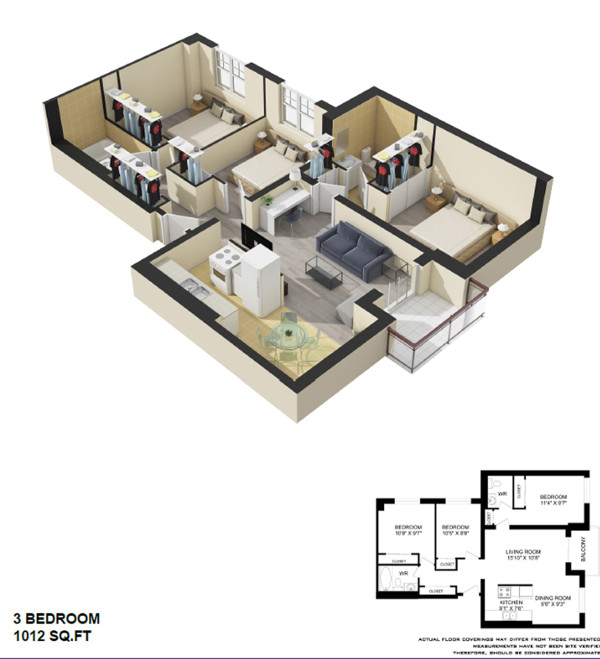 Existing three-bedroom unit in a downtown high-rise rental building. At a thousand square feet, it's efficient, but pretty snug. (Image Credit: Greenwin Property Management)