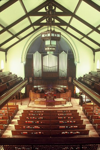 Fig. 10. Guelph, Second Wesleyan (now Dublin Street United) Church, interior to pulpit platform.