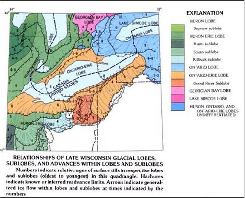Figure 5. Glacial lobes in the region around Lake Erie (part of US Geological Survey, Quaternary Geologic Map I-1420, 1991).
