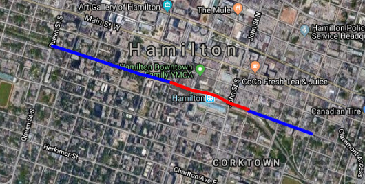 Map: Hunter Bike Lanes (blue) with missing connection (red) (Image Credit: Google Maps)
