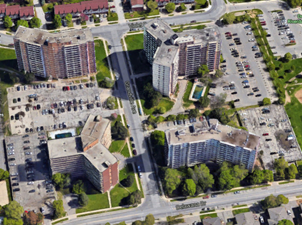 Stoney Creek Towers: 50 Violet, 77 Delawana, 11 and 40 Grandville. (Image Credit: Google Maps)