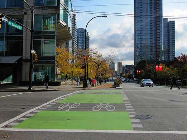 Green-marked bike lanes thorugh intersection (Image Credit: Kelowna Cycling)