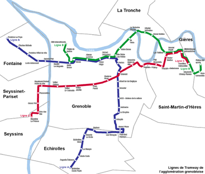 Figure 1: Grenoble's streetcar lines (Image Credit: Wikipedia)