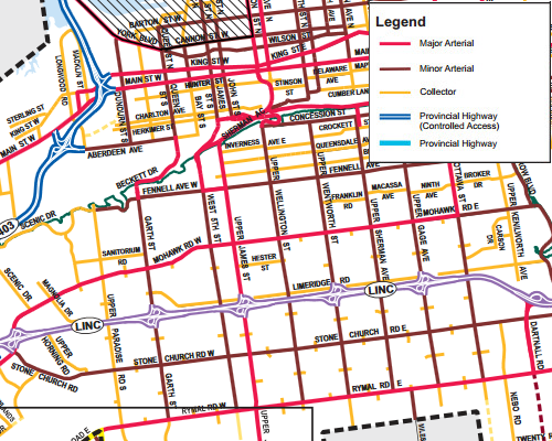 Map detail with superimposed legend from Appendix 11 of the Urban Hamilton Official Plan
