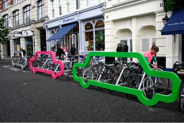 Bike Corrals in Buenos Aires serve multiple-functions of parking infrastructure, public art, and public education.