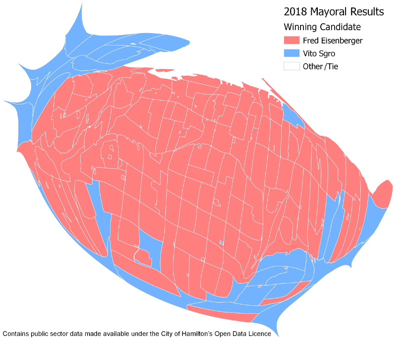 Cartogram of 2018 Mayoral Results by poll (Image Credit: Chris
Higgins)