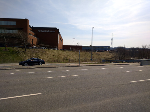 Highway 403 eastbound exit to Main Street, view from across Main