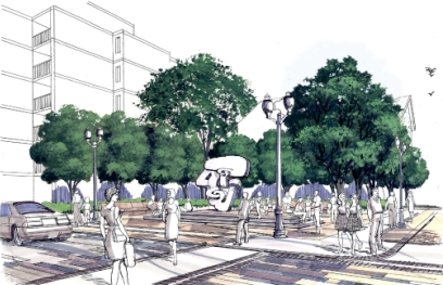 Proposed revamp of the King/Hess intersection with new public space. Credit: http://www.hamilton.ca