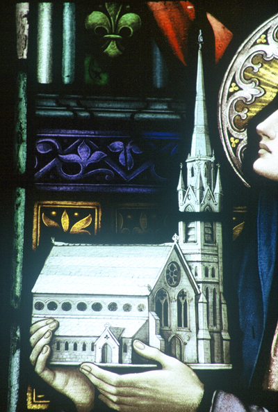 Fig. 3. Kilcullen (Co. Kildare), St Brigid's Roman Catholic Church, detail of stained glass, St Brigid presenting a model of the church to Christ.
