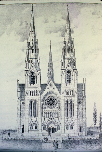 Fig. 10. Guelph, Church of Our Lady (formerly St Bartholomew), façade as planned, from Waterloo and Wellington County Atlas (1877).