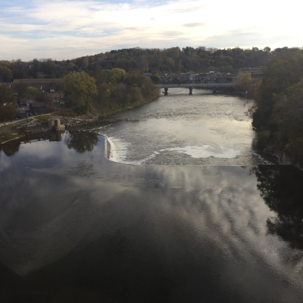 Upstream view of the Wilkes Dam from the Brantford railway bridge