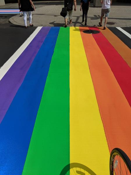 New rainbow crosswalk on Main Street West at Summer's Lane (Image Credit: Cameron Kroetsch)