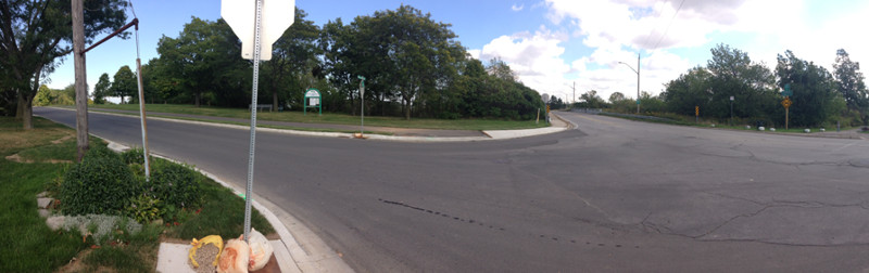 A panoramic view of the intersection at Mountain Brow Boulevard and Mohawk Road