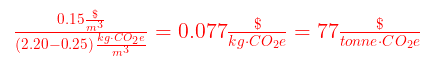 Equation: cost per tonne of CO2 emissions avoided