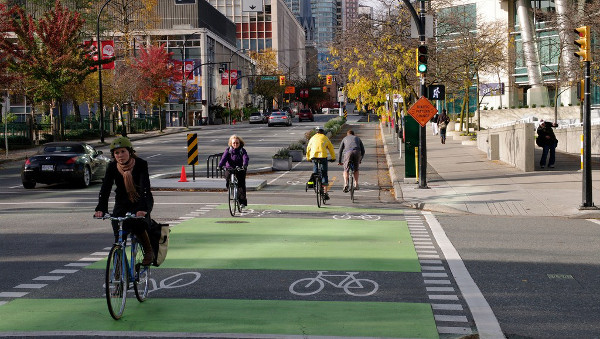 Planter-protected bike lane in Toronto