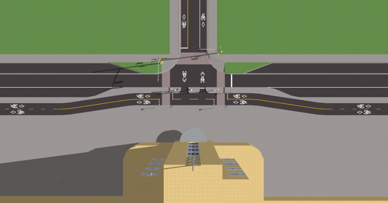 Rendering of Hunter Street bike lanes at GO Station, overhead view