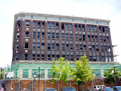 Scaffolding surrounds the Lister Building