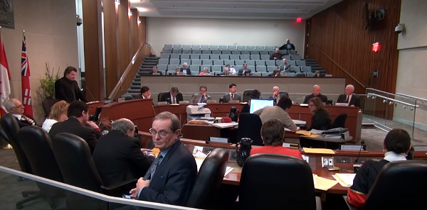 Ancaster Councillor Lloyd Ferguson turning to glare at Joey Coleman during February 24, 2014 Council meeting (Screen Capture from YouTube Video)