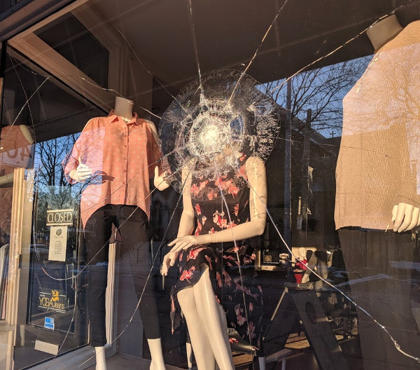 Smashed window at Pippa & Prue