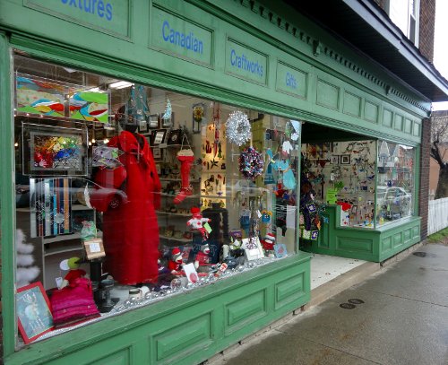 Decorative pieces fill the windows at Textures, an artisans' co-op