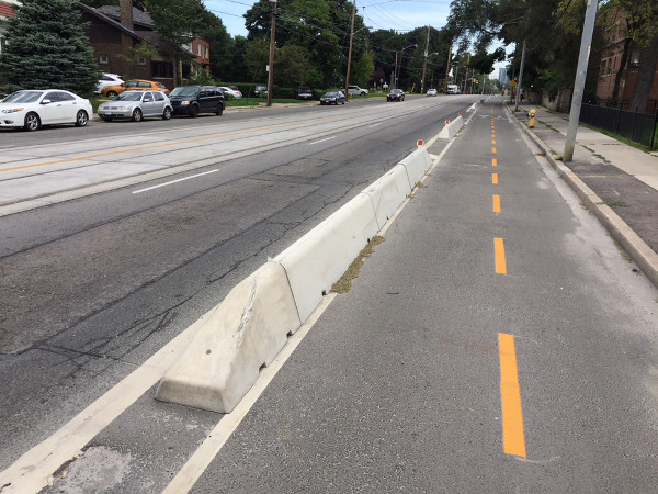 Bicycle lanes concrete protective barrier, lengthwise view