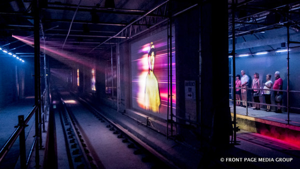 Lyon LRT Station platform level still under construction but graphically showing the station's width during the Kontinuum Sound and Light Show in 2017 during the Canada 150 celebrations. (Image Credit: Front Page Media Group)