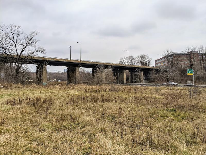 Chedoke Creek Valley behind 925 Main Street West and 150 Longwood Road South with Longwood overpass in background (RTH file photo)