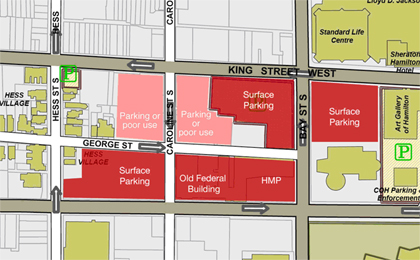 The block bordered by Main St., Bay St., King St., and Hess St. has plenty of room for
improvement (click on the picture for an enlarged copy)