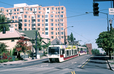 Main Street LRT - 1 lane westbound, 2 LRT lanes, 2 lanes eastbound.