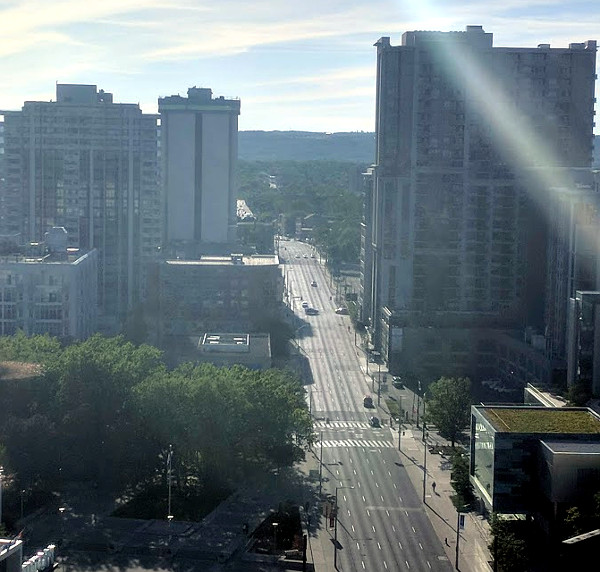 Main Street West during evening rush hour, view from DPAI office