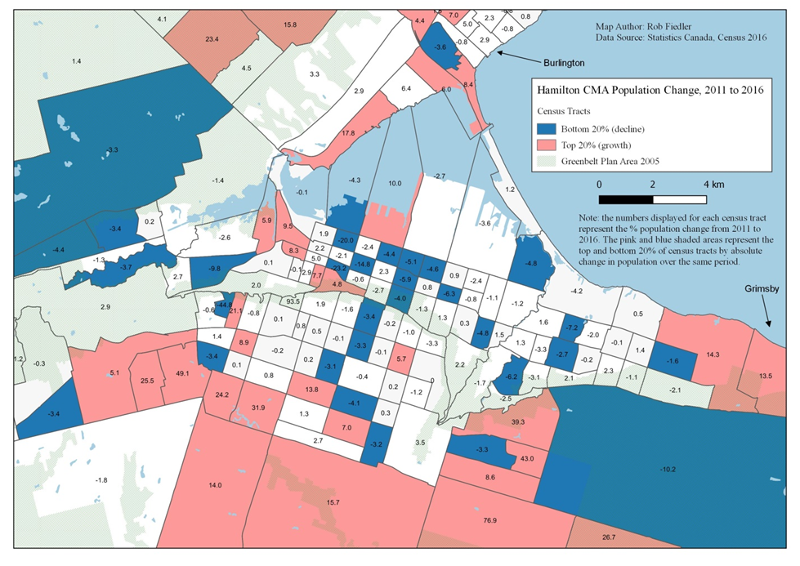 Map: Hamilton CMA population change by Census Tract, 2011-2016