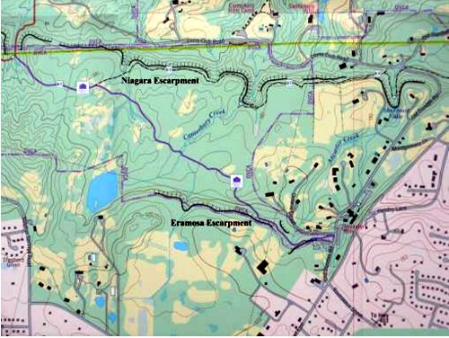 Figure 2. Map of the northern part of Ancaster, showing the location of the Niagara and Eramosa escarpments. The old quarries were located along the edge of the Eramosa escarpment on both sides of the present Wilson St (Highway #2).