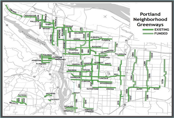 Map: neighbourhood greenways in Portland, Oregon