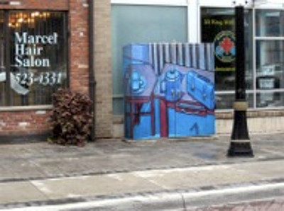 Reproduction of painting by Alfred Joyce on utility box, King William Street
