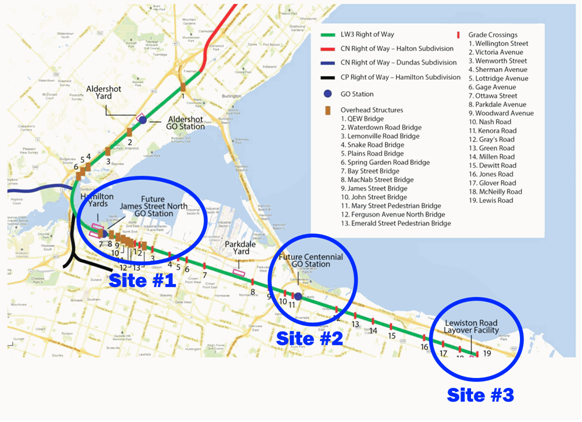 Active Hamilton GO construction sites (annotated version of Metrolinx diagram)