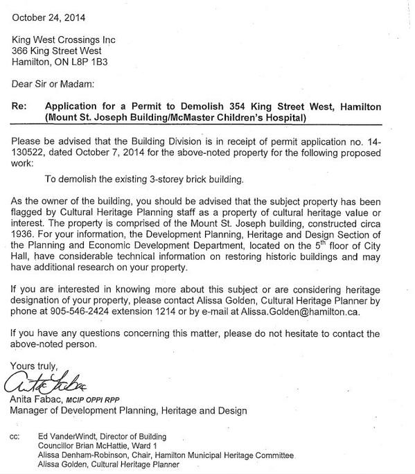 Letter from Anita Fabac, Manager of Development Planning, Heritage and Design to King West Crossings Inc