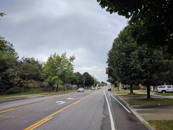 Bike lane veers to the left of new curbside parking on north side of Stone Church east of Upper Paradise