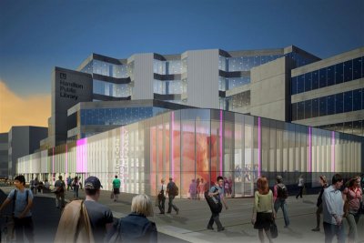 Rendering of renovated Farmers' Market and Central Library (click the image to see larger)