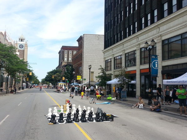 A large chess board was set up on the street