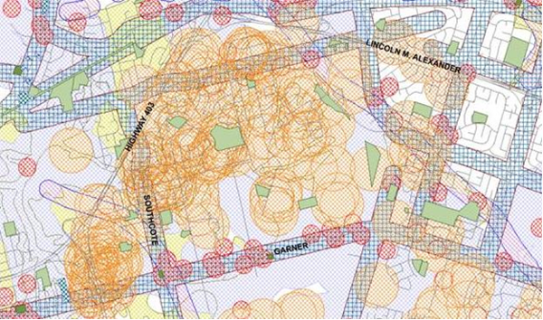 The City of Hamilton's Archaeological Management Plan (2012) showing the density of sites of early settlement material found within the Meadowlands.