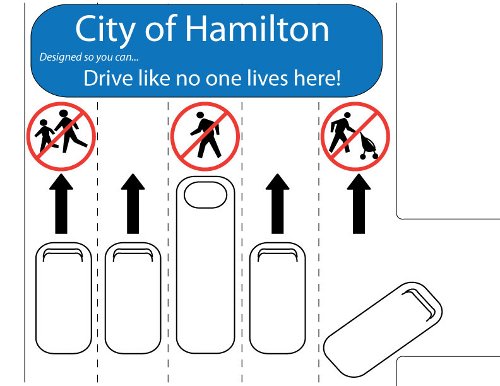 Sign by Paul Sousa: City of Hamilton - Designed so you can drive like no one lives here!