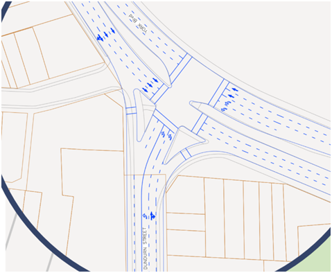 Figure 4: Proposed widening of Dundurn St N from 2 lanes to 5, and a new mega intersection at York/Dundurn