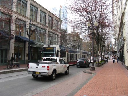 Portland Light Rail with streetscaping and wide sidewalks