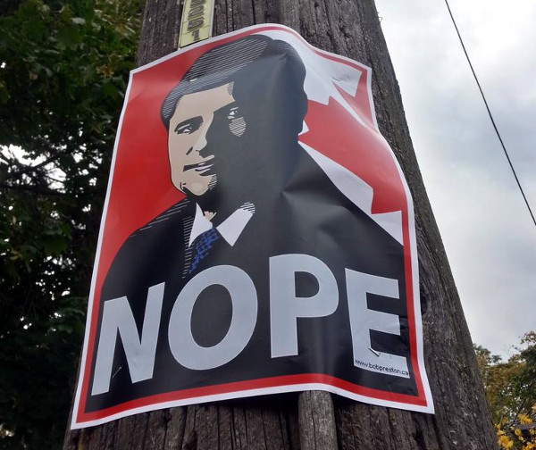 Anti-Stephen Harper poster in southwest Hamilton by artist Bob Preston