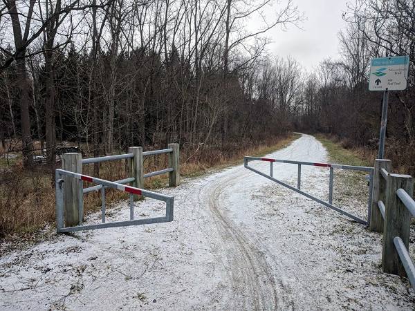 Staggered double gate to slow bike traffic on Rail Trail at Mineral Springs road crossing
