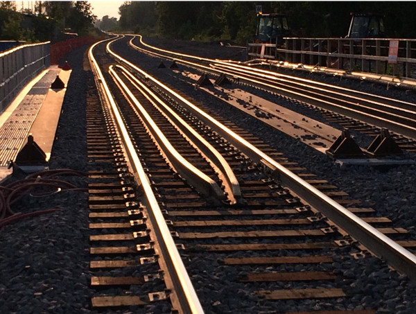 The CN railroad temporarily diverted onto new bridge July 2015 (photo by Mark)