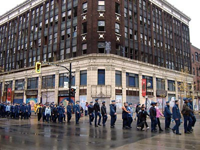 Remembrance Day Parade marching past Lister Block.