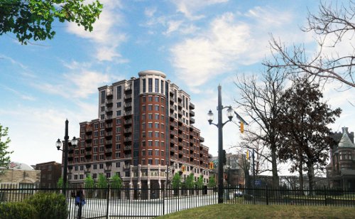 Too tall for downtown Hamilton? Rendering of a residential condo at the southeast corner of King Street West and Queen Street (Image Credit: Chamberlain Architect Services Ltd)