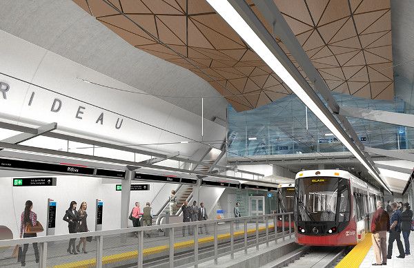 Rideau Station is the most spacious of all the below-grade LRT Stations in Ottawa because of the removal the ceiling and most of the concourse level above the station platform level. (Image Credit: Rideau Transit Group)