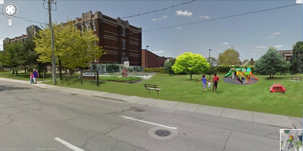 Conceptual Drawing: Sanford School parking lot converted into a new park (Image Credit: Google Streetview)